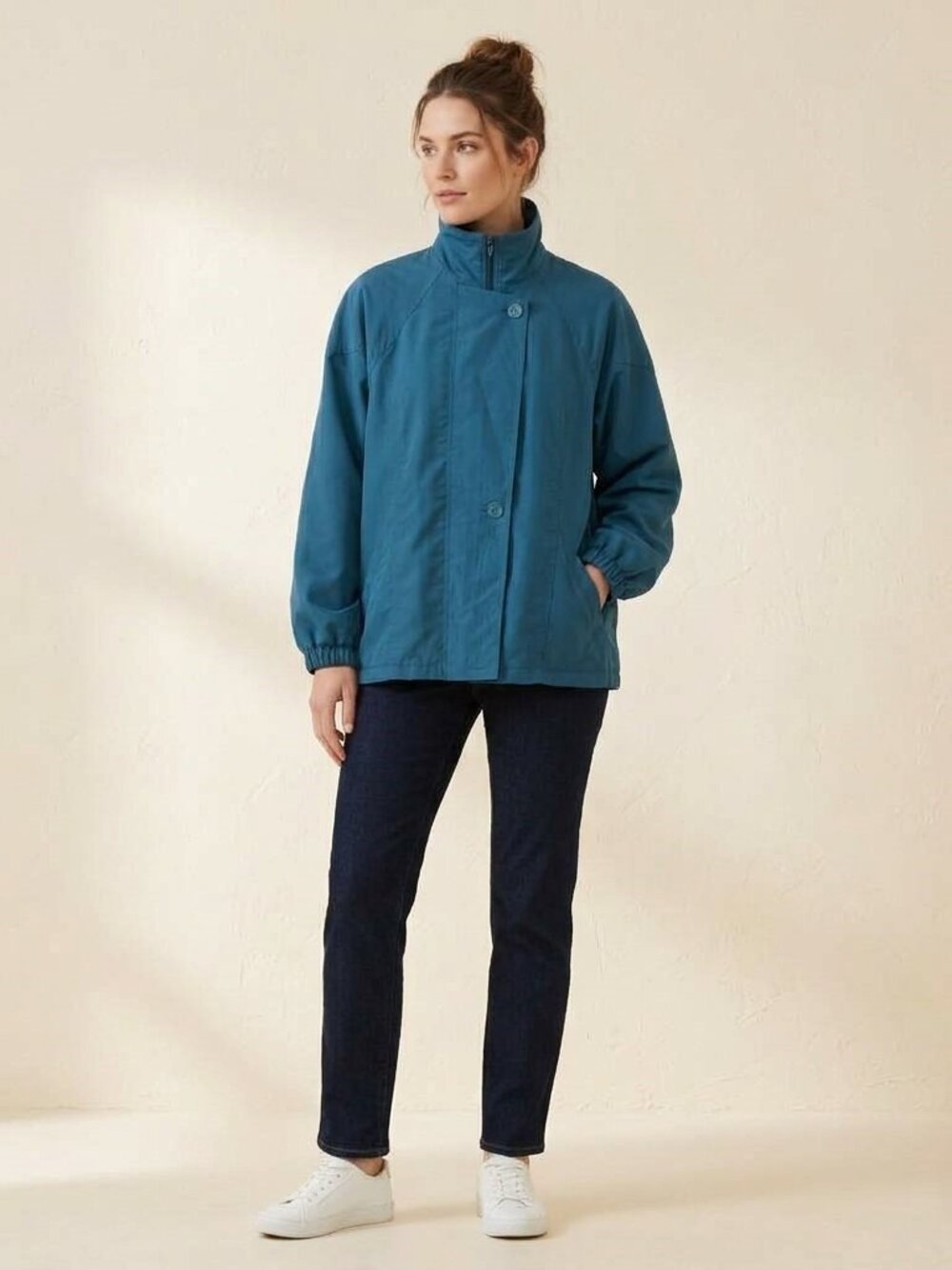 Vintage Due North Womens L Teal Blue Funnel Neck Windbreaker Jacket Zip Snaps